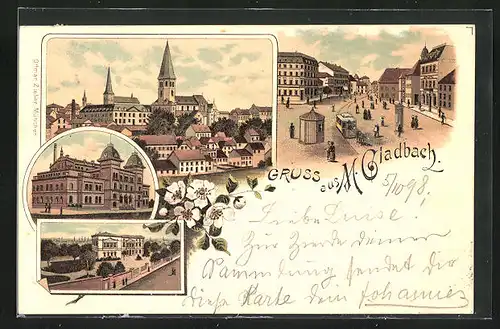 Lithographie Mönchengladbach, Teilansicht der Stadt, Marktplatz, Strassenbahn