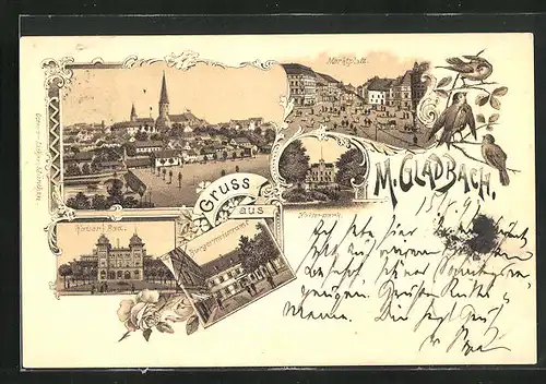 Lithographie M.-Gladbach, Bürgermeisteramt, Kaiserpark, Kaiser-Bad