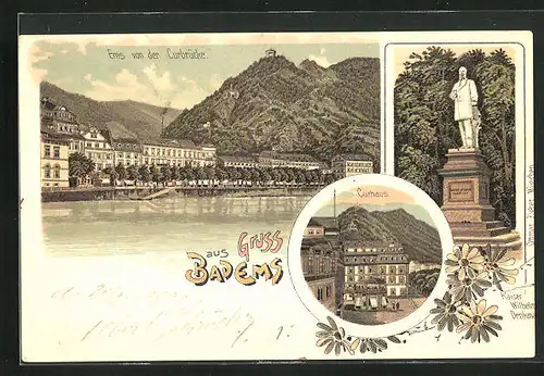 Lithographie Bad Ems, Hotel Kurhaus aus der Vogelschau, Kaiser Wilhelm-Denkmal, Fluss mit Ortsansicht