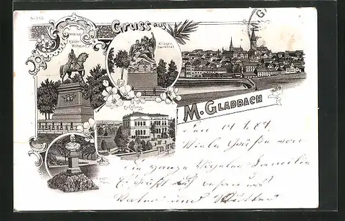 Lithographie M.-Gladbach, Pension Erholung, Kaiser-Park mit Büste, Krieger-Denkmal