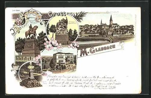 Lithographie M.-Gladbach, Pension Erholung, Büste im Kaiser-Park, Denkmal von Kaiser-Wilhelm I.