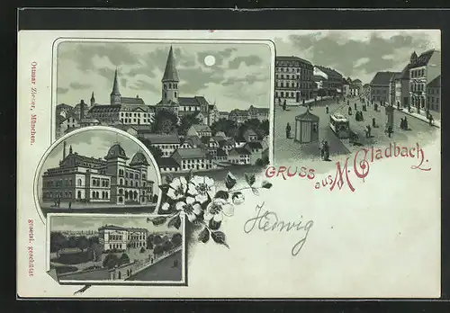 Mondschein-Lithographie M.-Gladbach, Pension Erholung, Strassenpartie mit Gebäudeansicht in der Nacht, Marktplatz