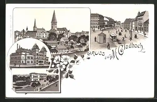 Lithographie M.-Gladbach, Pension Erholung, Marktplatz mit Strassenbahn, Kaiserbad