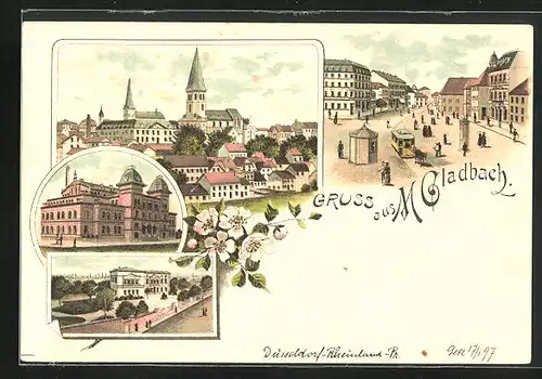 Lithographie M.-Gladbach, Pension Erholung mit Brunnen, Kaiserbad, Totalansicht vom Ort