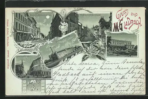 Mondschein-Lithographie M.-Gladbach, Bahnhofstrasse in der Nacht, Actien-Spinnerei, Untere Krefelderstrasse