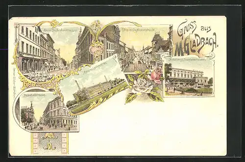 Lithographie M.-Gladbach, Bahnhofstrasse mit Passanten, Actien-Spinnerei, Obere Krefelderstrasse