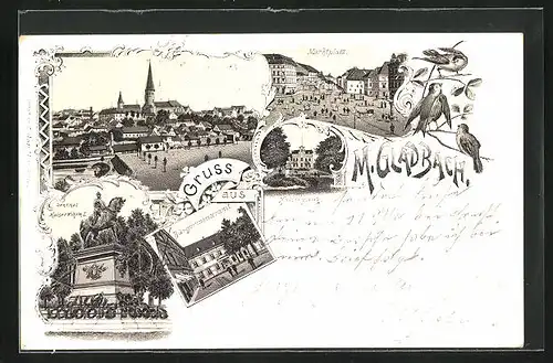 Lithographie M.-Gladbach, Bürgermeisteramt, Marktplatz aus der Vogelschau, Denkmal von Kaiser Wilhelm I.