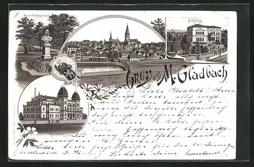 Lithographie M.-Gladbach, Kaiserbad, Kaiser Wilhelm-Büste, Totalansicht vom Ort