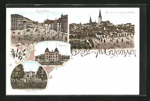 Lithographie M.-Gladbach, Geroplatz mit Münsterkirche, Marktplatz, Kaiserbad