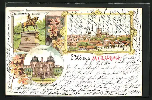 Lithographie M.-Gladbach, Kaiserbad, Kaiser Wilhelm I. Denkmal, Totalansicht