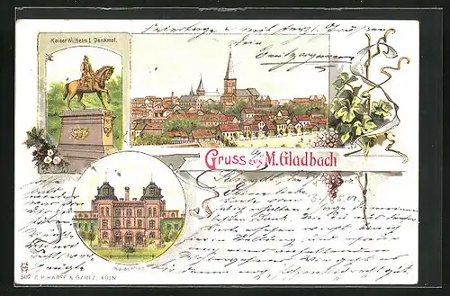 Lithographie M.-Gladbach, Kaiserbad, Kaiser Wilhelm-Denkmal, Totalansicht vom Ort