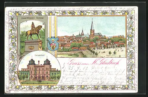 Lithographie M.-Gladbach, Kaiserbad, Kaiser Wilhelm I. Denkmal, Totalansicht