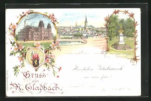 Lithographie M.-Gladbach, Kaiserbad, Kaiser Wilhelm Büste, Totalansicht