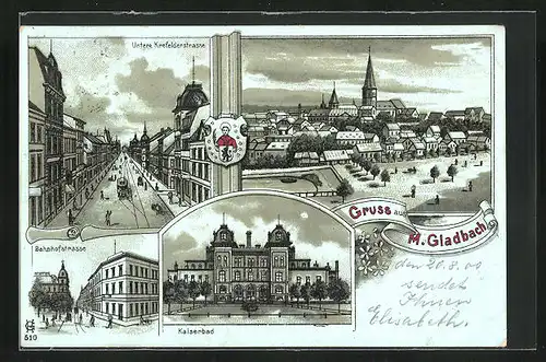 Lithographie M.-Gladbach, Bahnhofstrasse, Untere Krefelderstrasse, Kaiserbad, Wappen