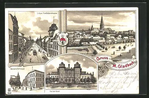 Lithographie M.-Gladbach, Bahnhofstrasse, Untere Krefelderstrasse, Kaiserbad, Wappen