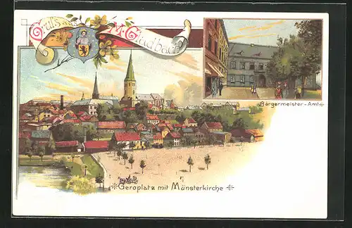 Lithographie M.-Gladbach, Bürgermeister-Amt, Geroplatz mit Münsterkirche, Wappen