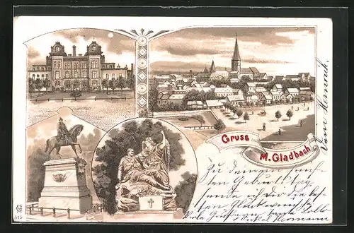 Lithographie M.-Gladbach, Kaiserbad, Denkmal von Kaiser-Wilhelm I., Totalansicht vom Ort