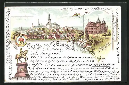 Lithographie M.-Gladbach, Kaiser-Bad, Stadtwappen, Gesamtansicht