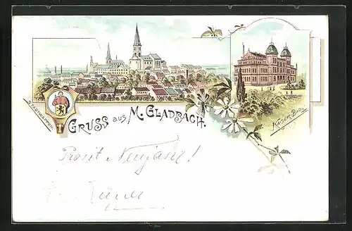 Lithographie M.-Gladbach, Kaiser-Bad, Gesamtansicht, Stadtwappen