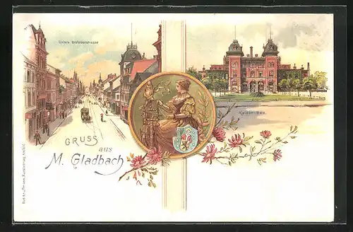 Lithographie M.-Gladbach, Untere Krefelderstrasse, Kaiser-Bad, Wappen