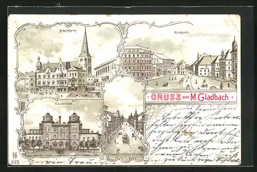 Lithographie M.-Gladbach, Kaiserbad, Altermarkt, Untere Krefelderstrasse aus der Vogelschau