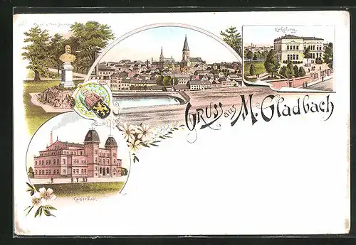 Lithographie M.-Gladbach, Hotel Erholung, Kaiserbad, Totalansicht, Wappen