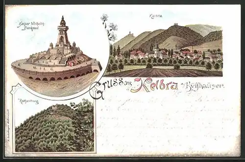 Lithographie Kelbra / Kyffhäuser, Ortsansicht mit Kaiser Wilhelm Denkmal und Rothenburg