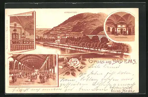 Lithographie Bad Ems, Kurgarten, Wandelbahn, Kesselbrunnen