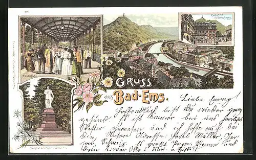 Lithographie Bad Ems, Kaiser Wilhelm Denkmal, Wandelbahn, Totalansicht