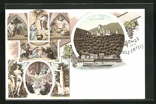 Lithographie Stolzenfels, Flusspartie mit Dampfer und Schloss, Fresken in der Kapelle