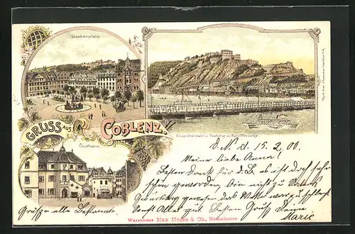 Lithographie Coblenz, Goebenplatz, Kaufhaus und Festung mit Schiffsbrücke