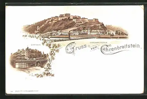 Lithographie Ehrenbreitstein, Totalansicht mit Carthaus