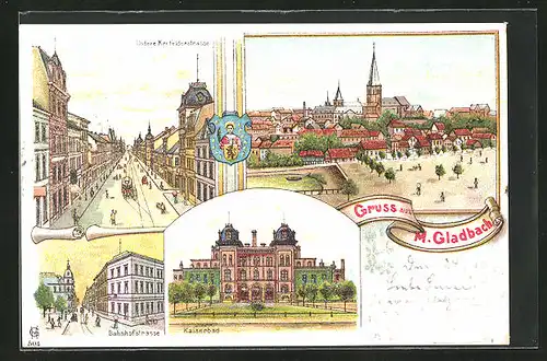 Lithographie M.-Gladbach, Kaiserbad, Bahnhofstrasse, Gesamtansicht