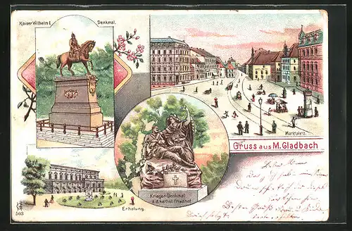 Lithographie M.-Gladbach, Krieger Denkmal, Marktplatz, Erholungsheim