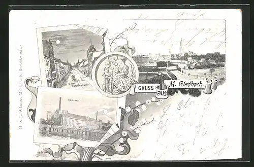 Lithographie M.-Gladbach, Totalansicht mit Kirche und Spinnerei bei Nacht