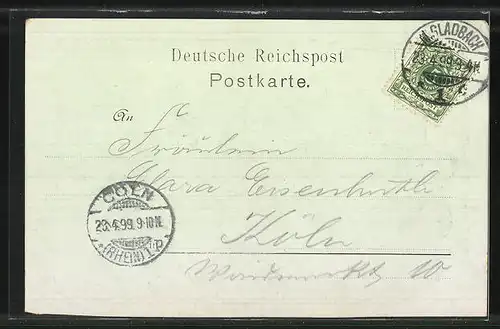Lithographie M.-Gladbach, Totalansicht mit Kirche und Spinnerei bei Nacht