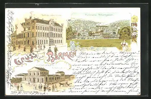 Lithographie Rittershausen, Zentralbahnhof, Evang. Vereinshaus, Gesamtansicht