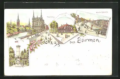 Lithographie Barmen, Werther Bollwerk, Toelleturm, Gesamtansicht mit Neuenweg