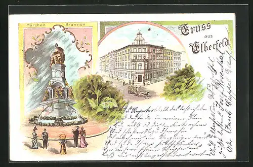 Lithographie Elberfeld, Märchenbrunnen mit Hotel und Restaurant