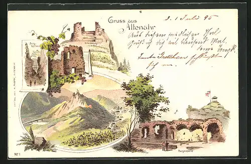 Lithographie Altenahr, Rittersprung, Burgverliess und Burgkapelle
