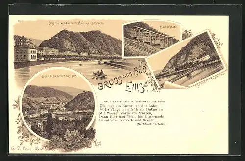 Lithographie Bad Ems, Kursaal und Promenade, Malbergbahn, Totalansicht