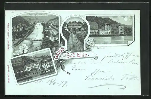 Mondschein-Lithographie Bad Ems, Kursaal, Malbergbahn, Kurhaus, Kriegerdenkmal