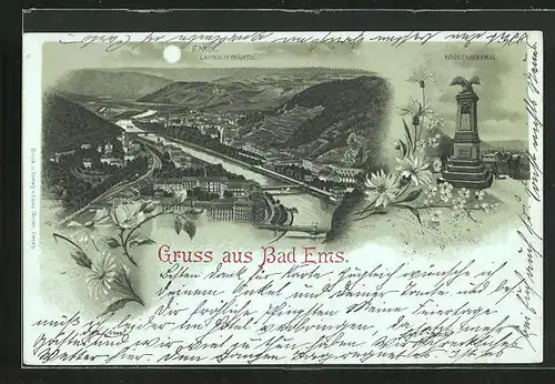 Mondschein-Lithographie Bad Ems, Kriegerdenkmal, Totalansicht mit Lahnpartie