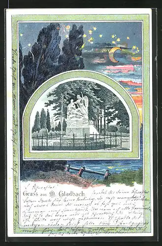 Lithographie Mönchengladbach, Kriegerdenkmal, Sternklare Nacht