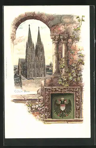 Passepartout-Lithographie Köln, Totalansicht vom Dom, Stadtwappen