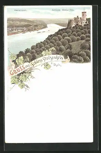 Lithographie Oberlahnstein, Schloss Stolzenfels über dem Rhein und Ort