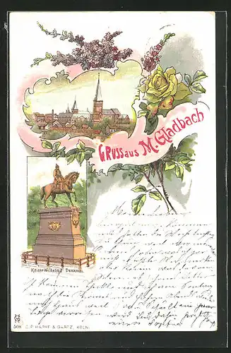 Lithographie Mönchengladbach, Kaiser Wilhelm-Denkmal, Teilansicht mit Kirche, Flieder