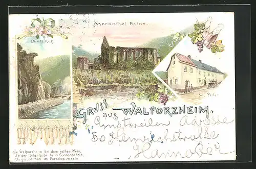 Lithographie Walporzheim, St. Peter, Marienthal Ruine, Bunte Kuh