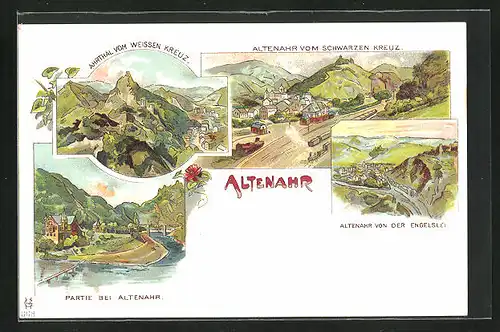 Lithographie Altenahr, Ortsansicht vom Schwarzen Kreuz, Ortsansicht von der Engelslei