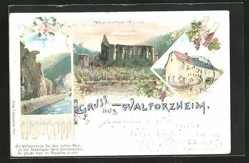 Lithographie Walporzheim, Marienthal Ruine, St. Peter